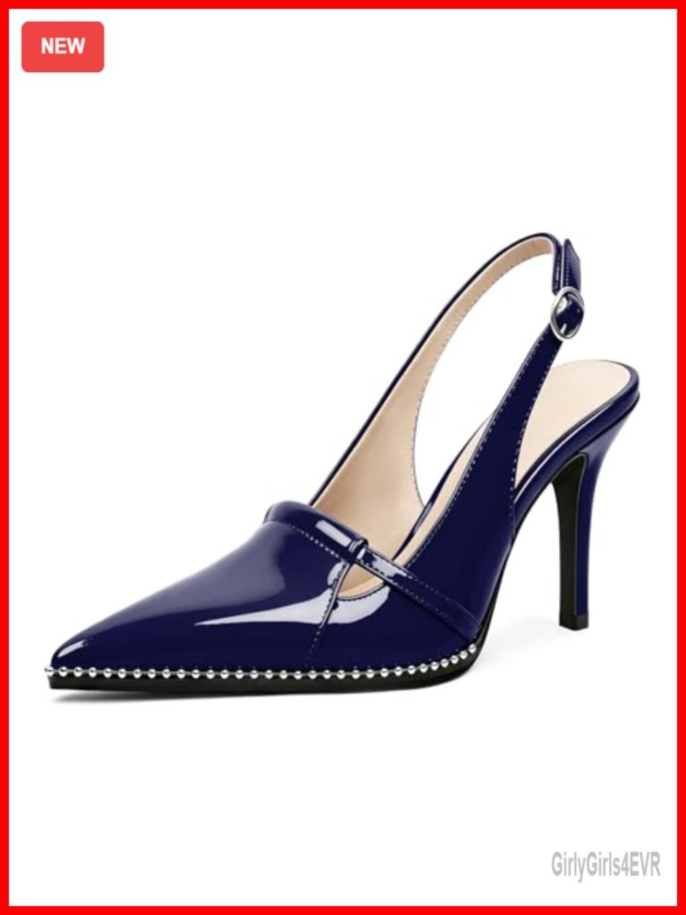 Slingback Heels Pointed Toe Stiletto Patent Leather Beaded High Heel Pumps
